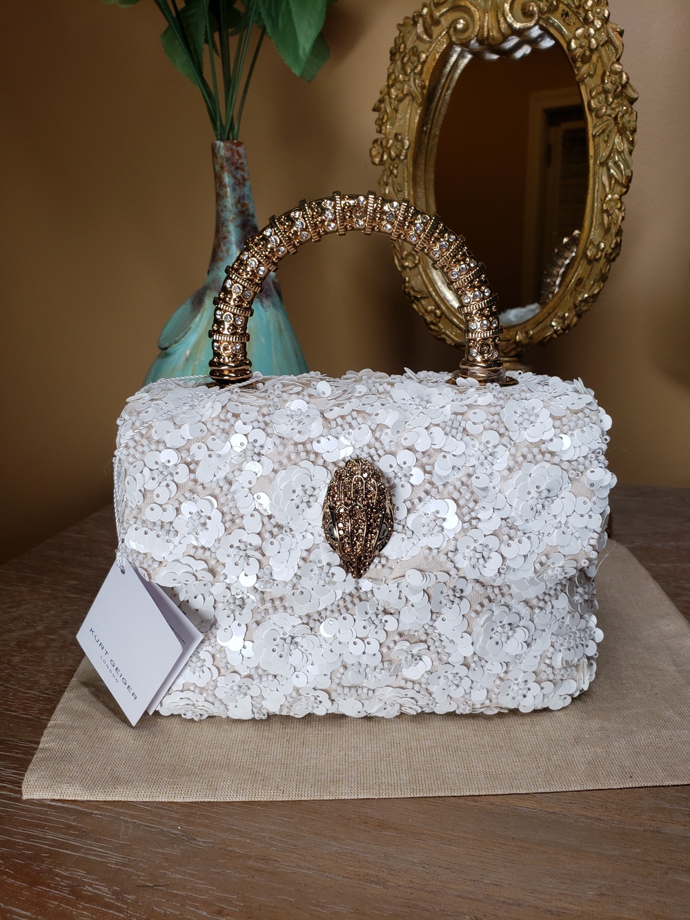 Kurt Geiger White Sequin Beaded Floral Top-Handle Satchel w/ Crossbody NWT! - Picture 4 of 17